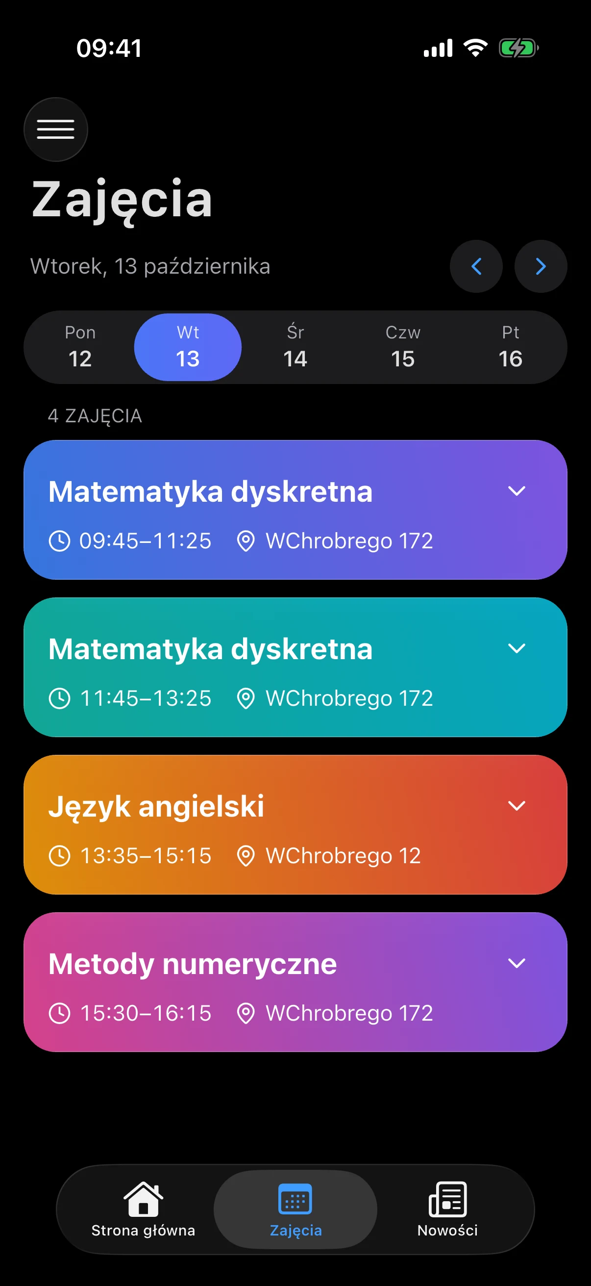 Plan PM timetable for a Tuesday, four classes in dark mode