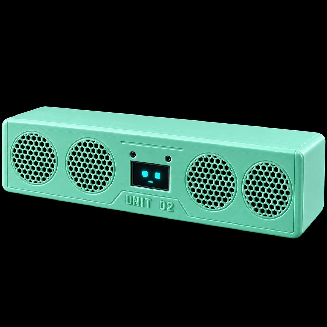Studio visualization of A.L.E.K.S.Y v2: mint-green enclosure, four speaker grilles and a glowing OLED face