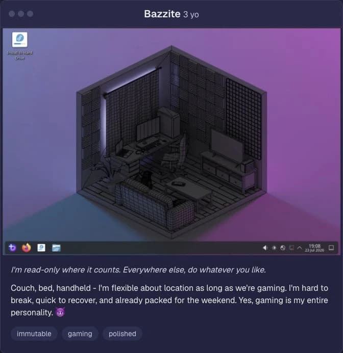 Linder dating profile for Bazzite, with its colorful desktop, bio and personality tags